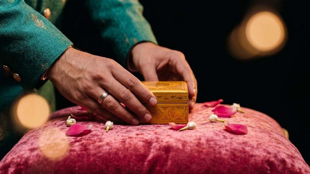 Muslim groom presenting the mahr gift during the Nikah ceremony