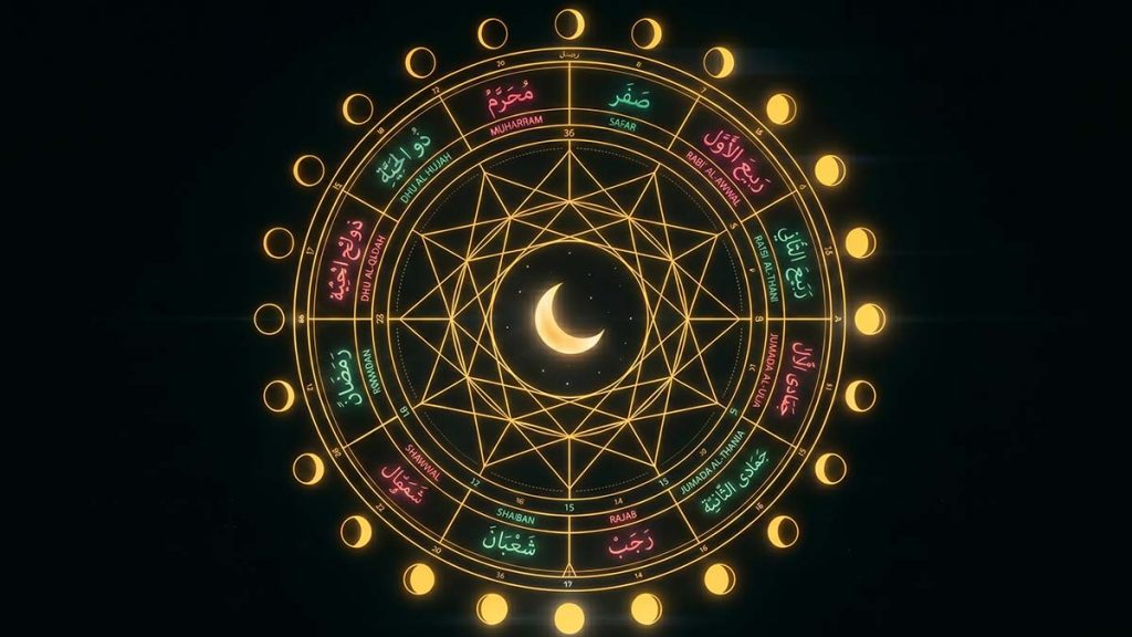 Islamic Events: a glowing lunar calendar wheel of the twelve Islamic months against a plain black background