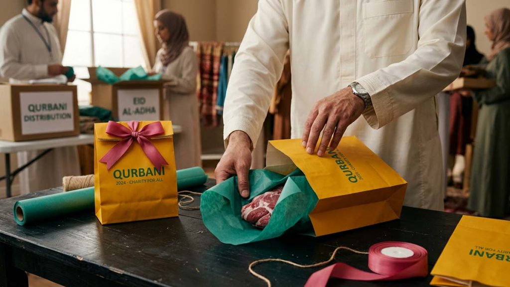 Muslim hands wrapping Qurbani meat parcels for charitable distribution