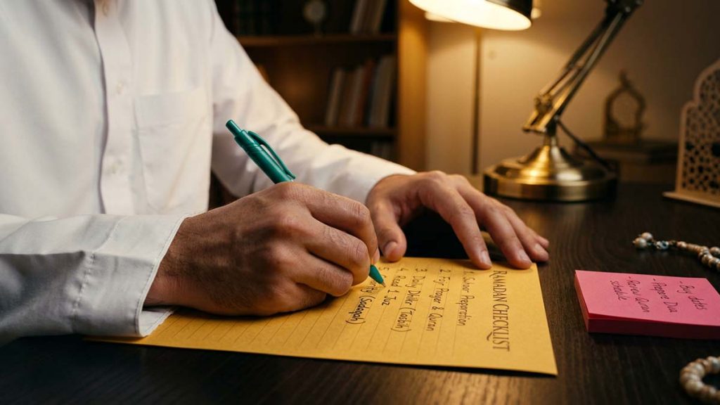 Muslim man writing a Ramadan checklist during the month of Shaban