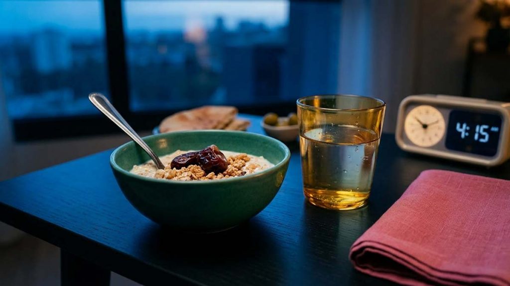 Suhoor meal with oats, dates and water prepared before dawn during Ramadan