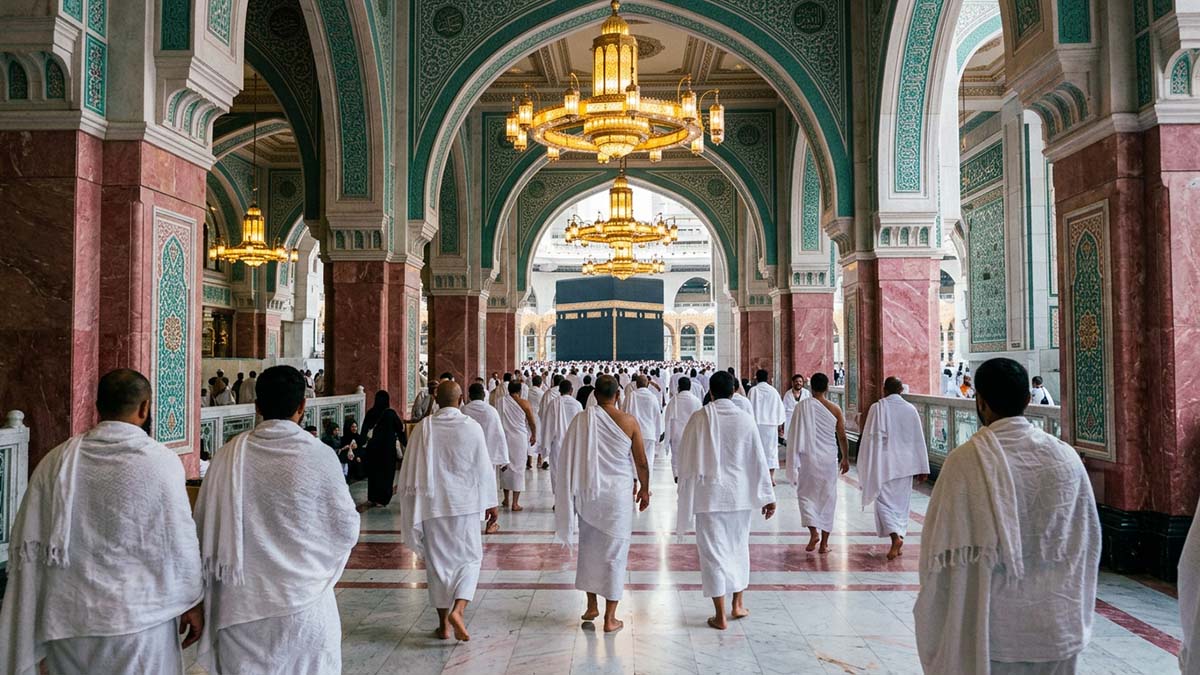 Muslim pilgrims in ihram walking towards the Kaaba during Umrah pilgrimage