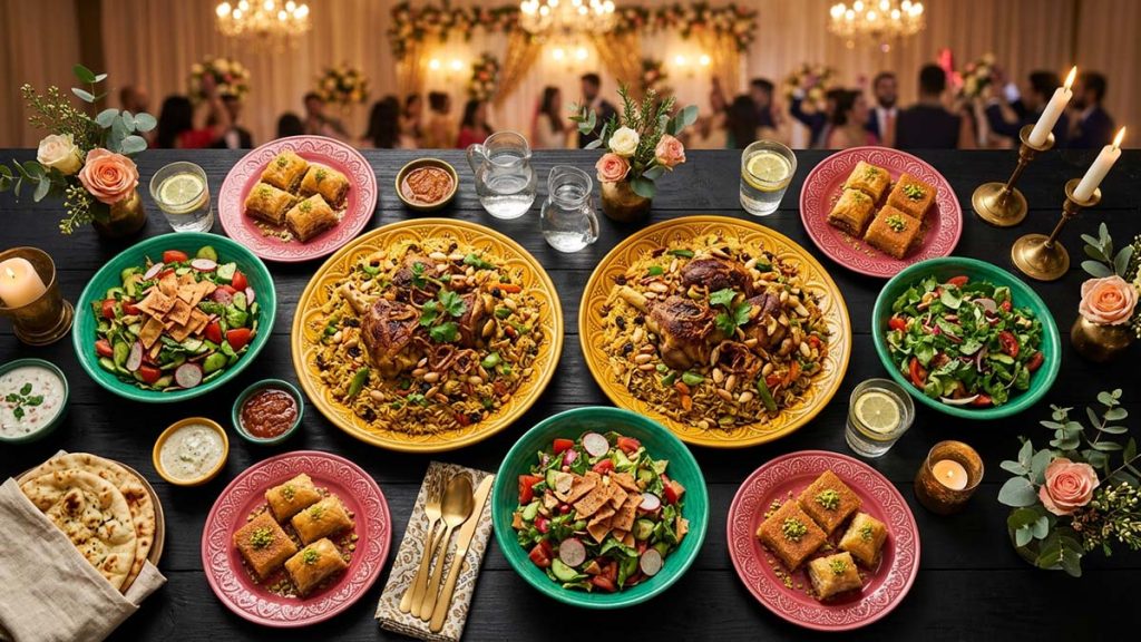 Traditional Walima feast spread with biryani, salad and baklava from above