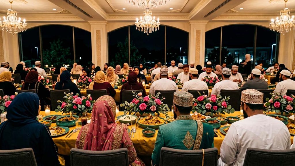 Muslim bride and groom receiving guests at their Walima celebration