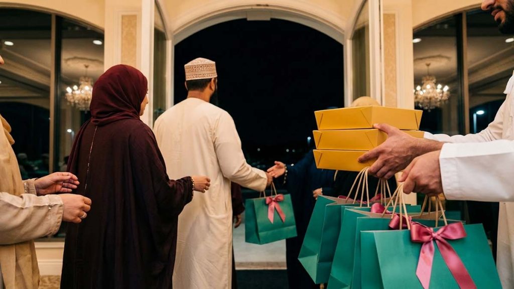 Muslim hosts distributing food to guests after the Walima celebration