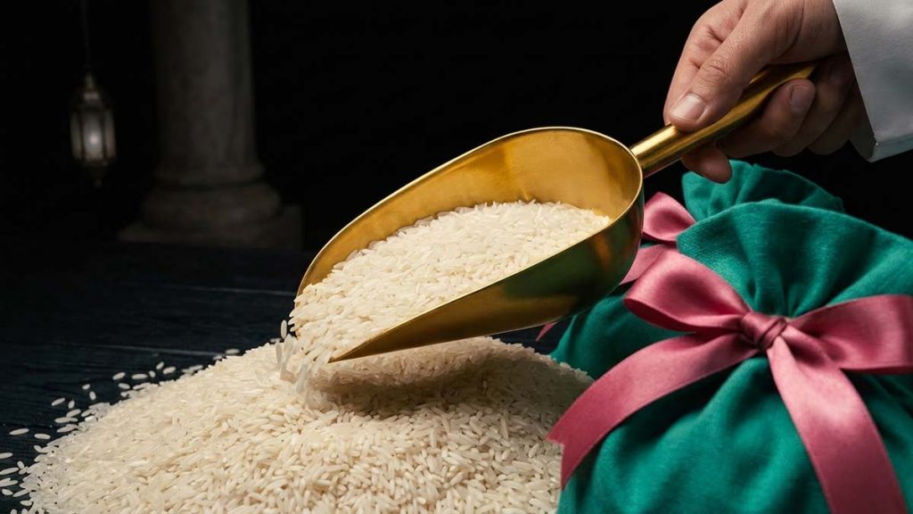 Rice being measured for Zakat al-Fitr charity distribution before Eid