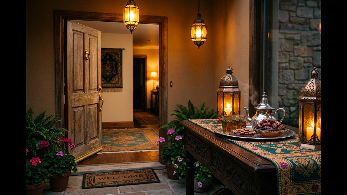 A warm, inviting home entrance with an open wooden door, a lantern glowing and a tray of dates and tea set out, illustrating the meaning of Ahlan wa Sahlan.