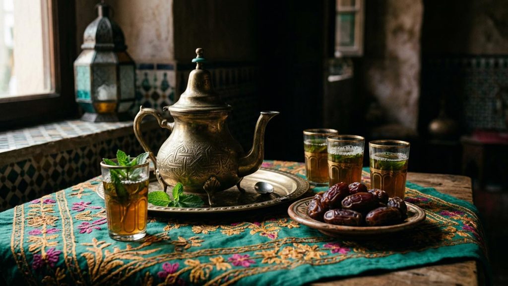 A still life of a brass teapot, small glasses of mint tea and a plate of dates on an embroidered cloth, reflecting the meaning of Ahlan wa Sahlan.