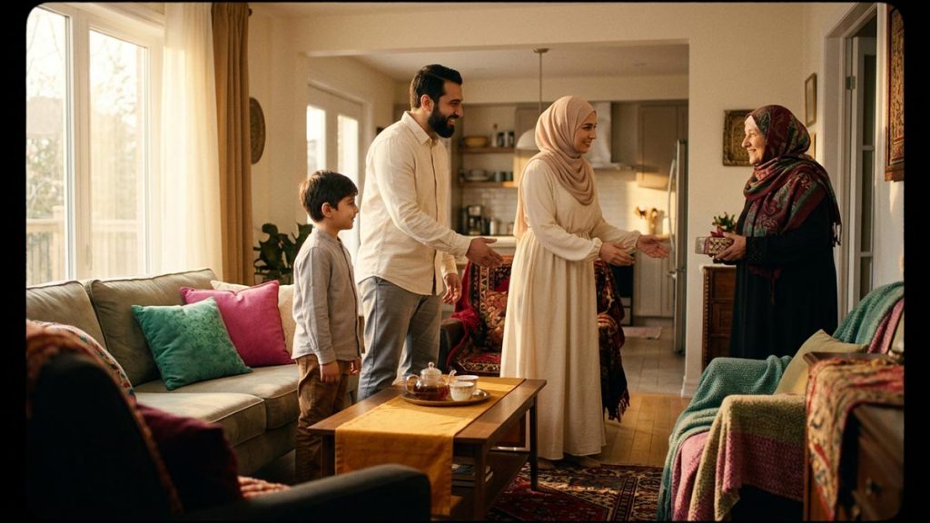 A Muslim family warmly receiving a guest into their sunlit living room, cushions and warm light all around, evoking Ahlan wa Sahlan.