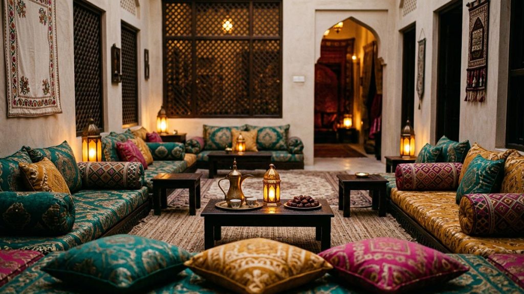 An inviting traditional majlis interior with patterned cushions, low tables and soft lamplight, no people, reflecting Ahlan wa Sahlan.