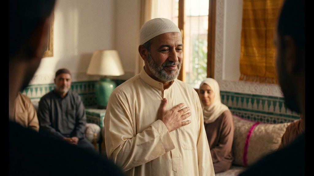 A Muslim man with a hand gently over the heart and a grateful, peaceful smile, in beautiful natural light, illustrating Alhamdulillah.