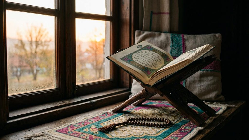 A still life of an open Quran and prayer beads on a wooden stand beside a window at sunrise, reflecting the meaning of Alhamdulillah.