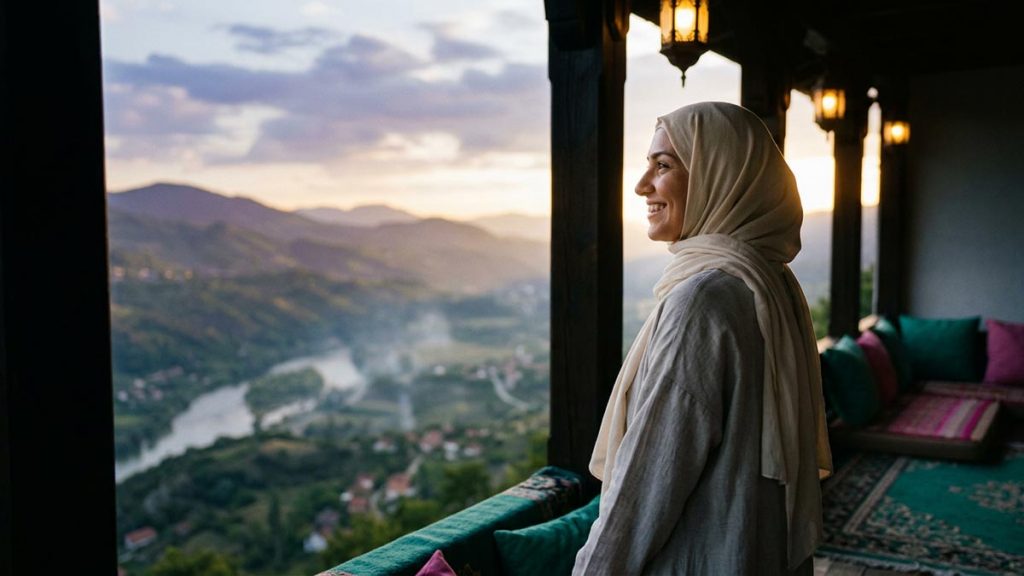 A Muslim woman in a hijab smiling with gratitude while looking out over a beautiful landscape, a visual for Alhamdulillah.