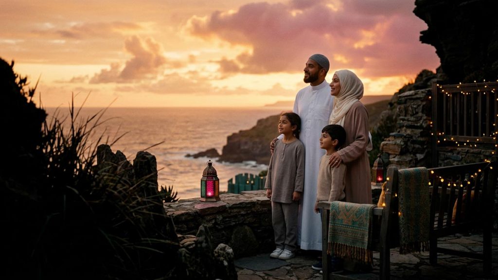 A family pausing together to admire a stunning sunset, faces lit with wonder and thankfulness, capturing the spirit of Alhamdulillah.