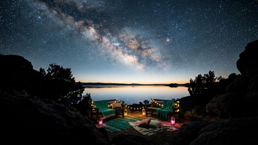 A sweeping starlit night sky over a calm horizon, awe-inspiring and vast, no people, reflecting Alhamdulillah.