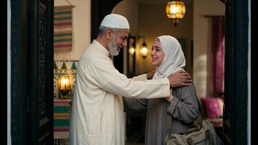 A Muslim man bidding a warm, caring farewell to a departing loved one at a doorway in soft light, illustrating Allah Hafiz.
