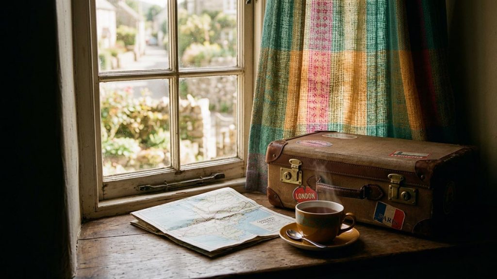 A still life of a small suitcase, a folded map and a cup of tea beside a sunlit window, reflecting the meaning of Allah Hafiz.