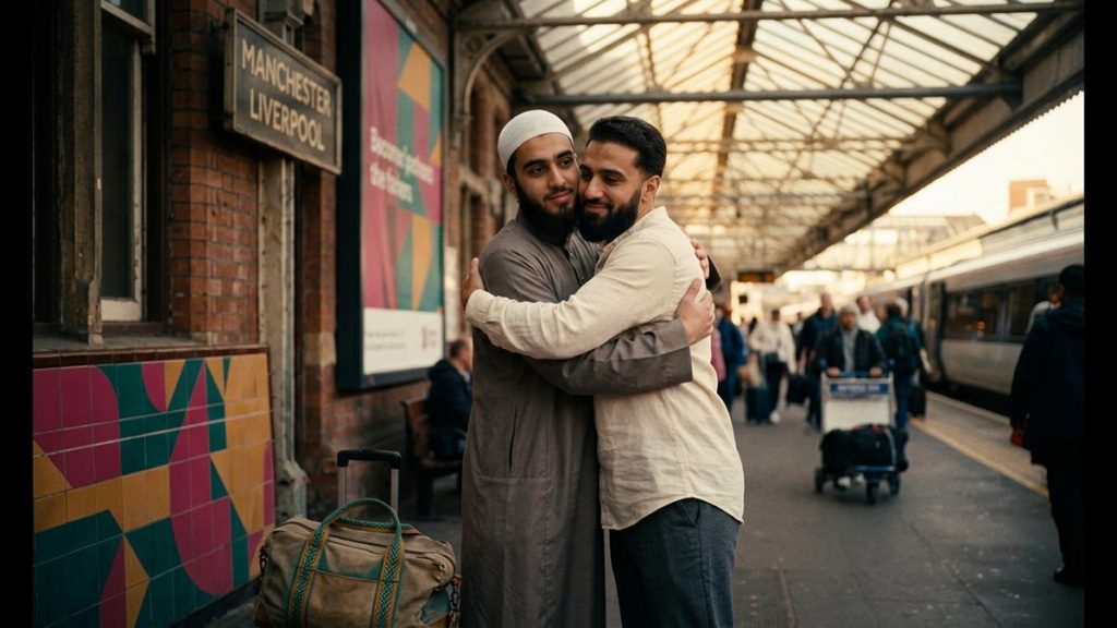 A Muslim seeing a friend off at a station or airport with a warm, caring embrace, a visual for Allah Hafiz.