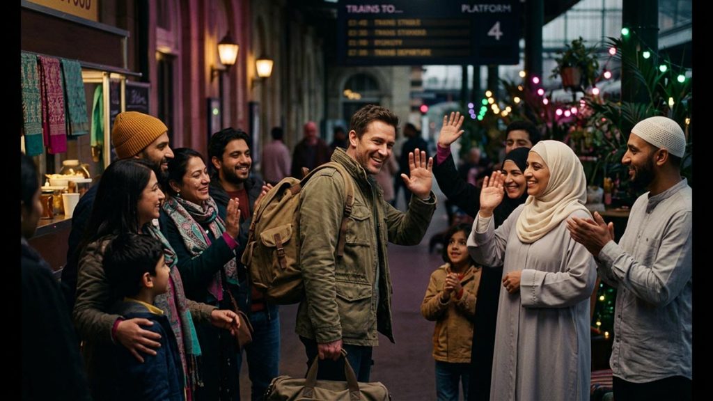 Loved ones gathered to bid a warm farewell to a traveller, smiling and waving, capturing the spirit of Allah Hafiz.
