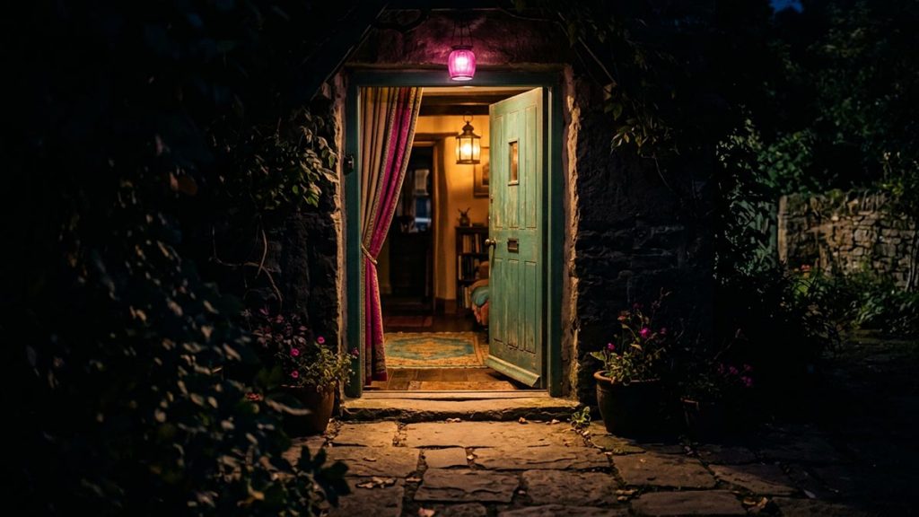 A quiet open doorway with warm light spilling out onto a path, no people, reflecting Allah Hafiz.