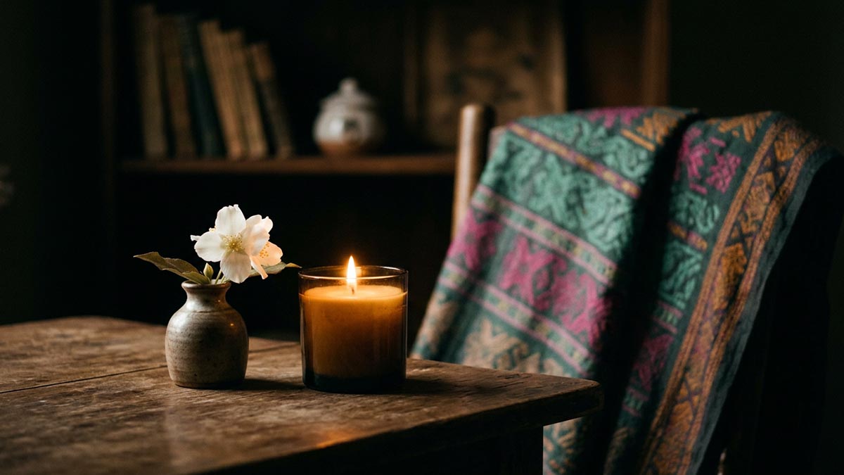 A soft candle glowing beside a single white flower in gentle light, quiet and dignified, illustrating the meaning of Allah Yarhamha.