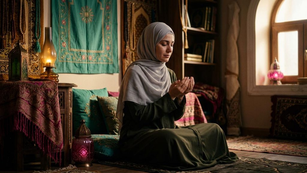 A Muslim woman making a quiet prayer of mercy for a departed loved one, hands gently cupped, softly lit, illustrating Allah Yarhamha.