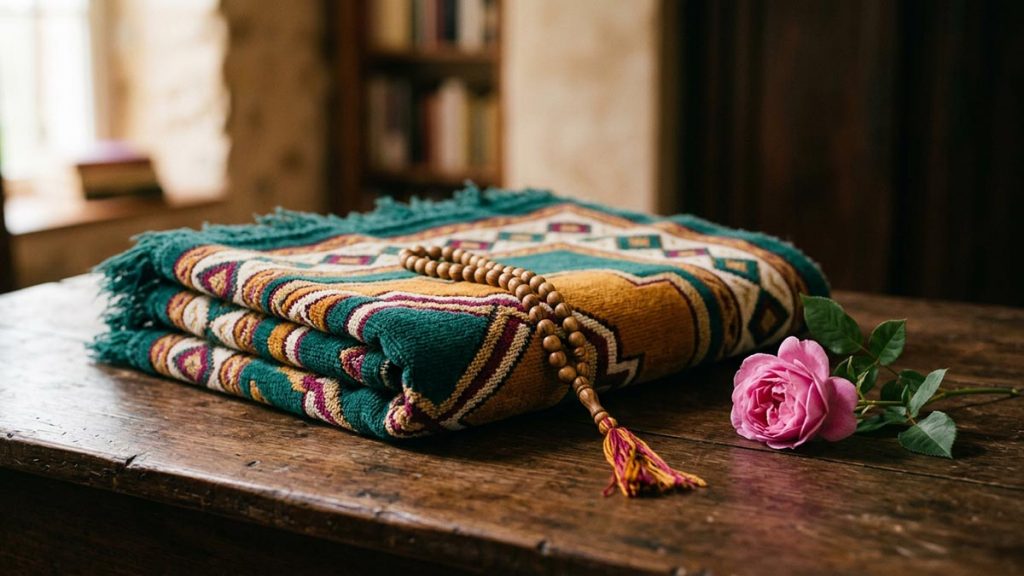 A still life of a folded prayer rug, prayer beads and a single flower in soft, tender light, reflecting the meaning of Allah Yarhamha.