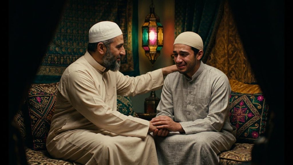 Two Muslims sitting together in gentle consolation, one comforting the other with warmth, a visual for Allah Yarhamha.
