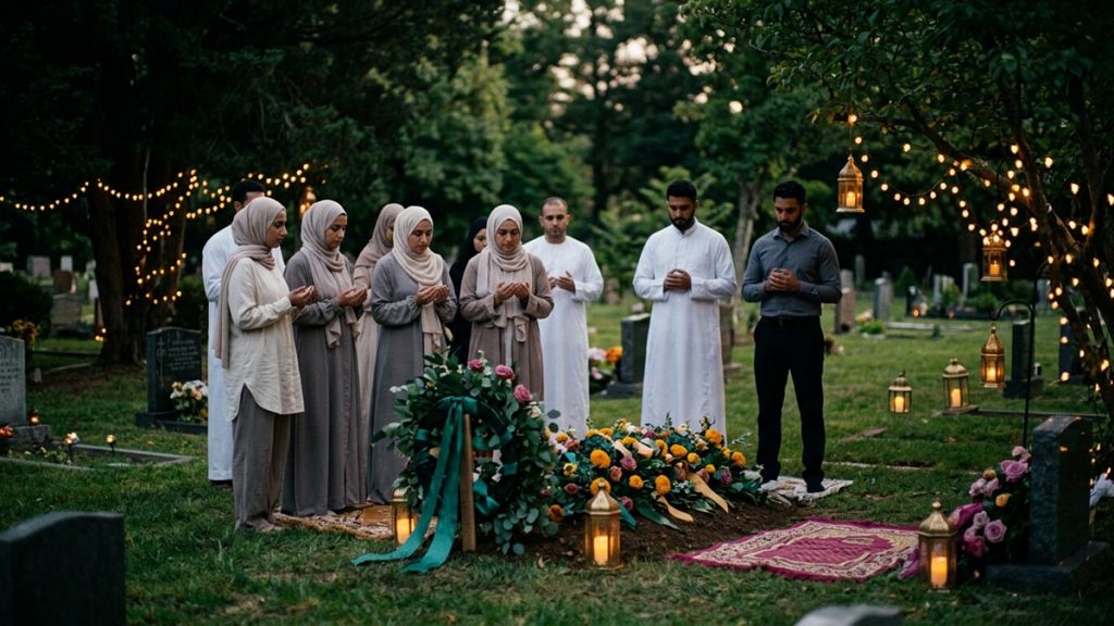 Mourners standing in quiet, respectful prayer at a distance in a peaceful garden cemetery, capturing the spirit of Allah Yarhamha.
