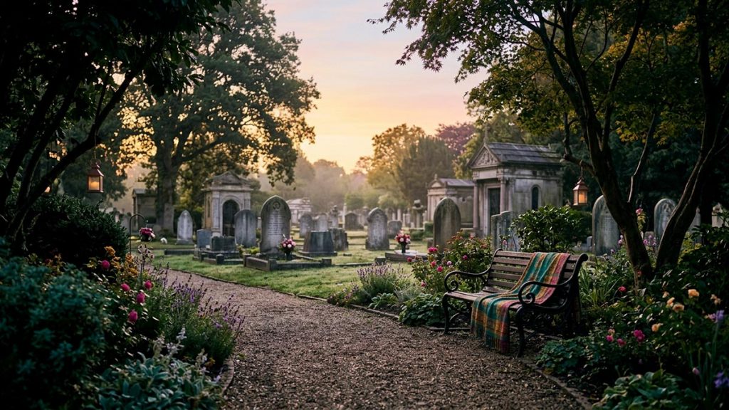 A tranquil garden cemetery seen from a respectful distance at soft dawn, quiet and dignified, reflecting Allah Yarhamha.