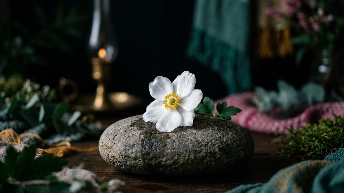 A single white flower resting on a plain stone in soft dawn light, quiet and dignified, illustrating the meaning of Allah Yarhamuh.