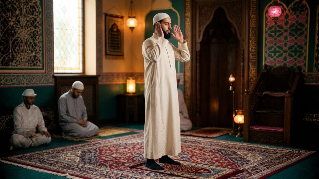 A Muslim man, hands raised beside the ears to begin the prayer, standing on a prayer rug in soft light, illustrating Allahu Akbar.