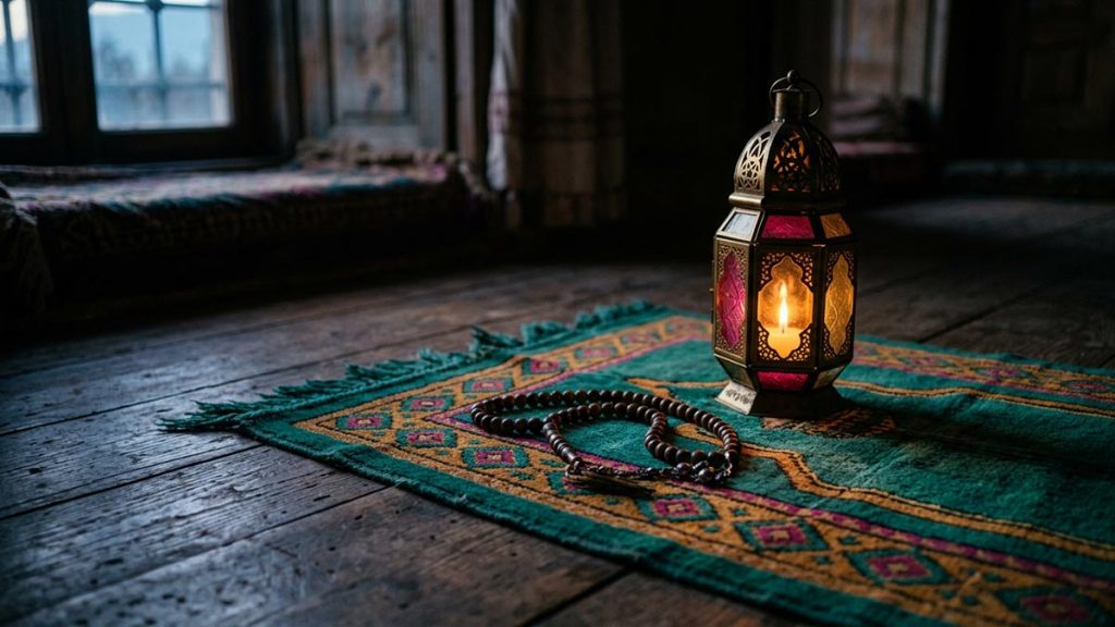 A still life of a prayer rug, prayer beads and a lantern arranged on a wooden floor at dawn, reflecting the meaning of Allahu Akbar.