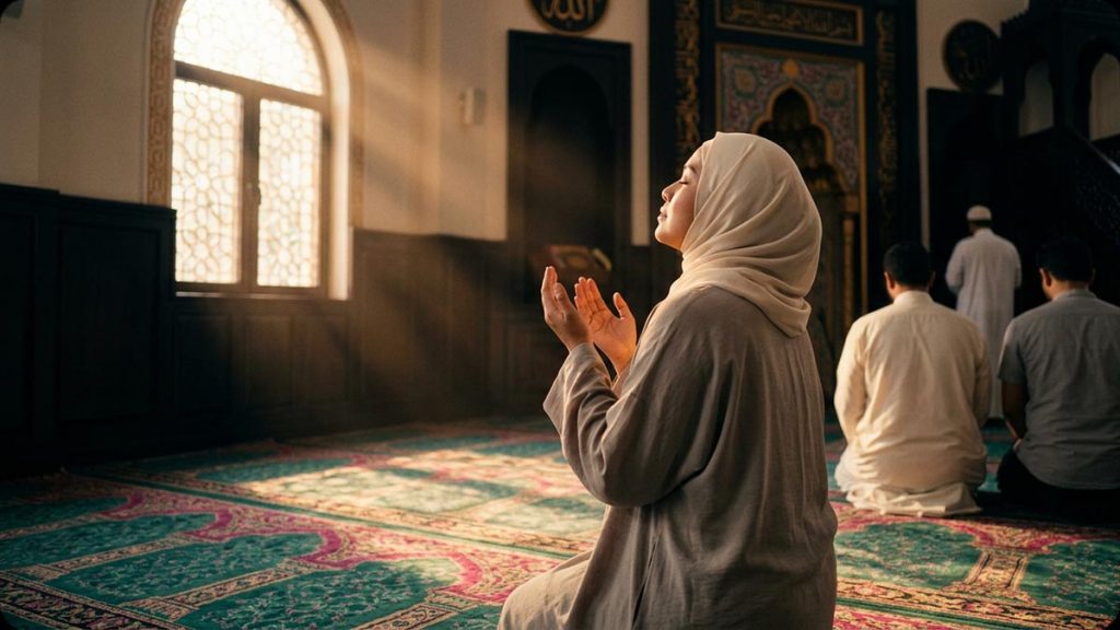 A worshipper mid-prayer with hands raised, light streaming down through a mosque window, evoking Allahu Akbar.