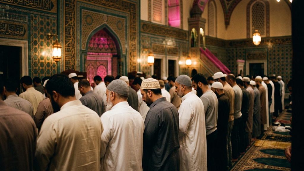 A congregation standing shoulder to shoulder in prayer inside a grand mosque, capturing the spirit of Allahu Akbar.