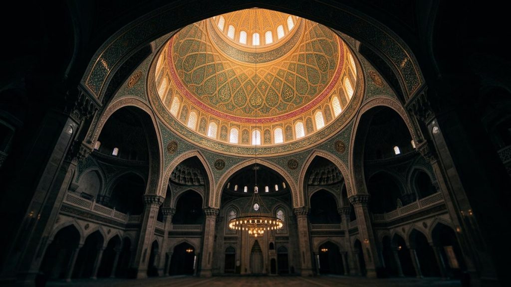 An ornate mosque dome seen from within, radiating light, empty and awe-inspiring, reflecting Allahu Akbar.
