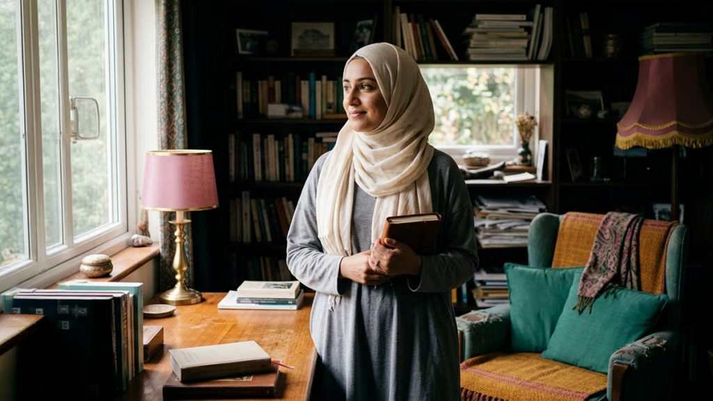 A thoughtful Muslim woman, a gentle, humble expression, pausing in reflection in a sunlit study, illustrating Allahu A'lam.