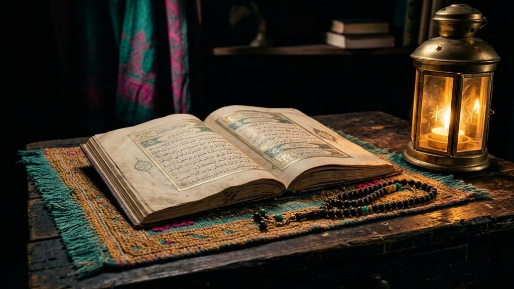 A close-up of an old open manuscript, prayer beads and a glowing lamp on a wooden desk, reflecting the meaning of Allahu A'lam.