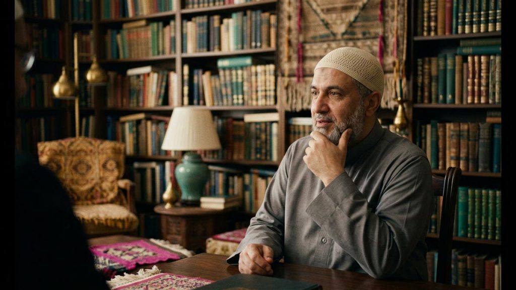 A Muslim scholar in modest dress listening thoughtfully, hand to chin, in a book-lined room, a visual for Allahu A'lam.