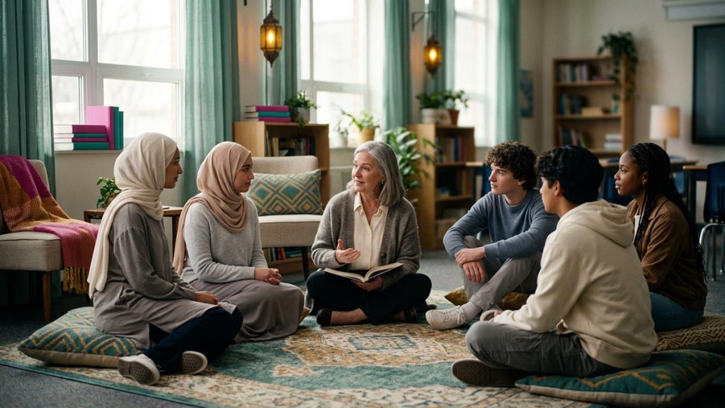 Students sitting in a respectful circle of learning around an elder teacher in a bright room, capturing the spirit of Allahu A'lam.