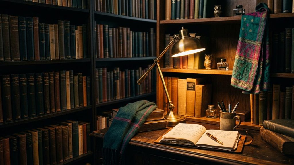 Shelves of old leather-bound books beside a glowing desk lamp, quiet and studious, no people, reflecting Allahu A'lam.