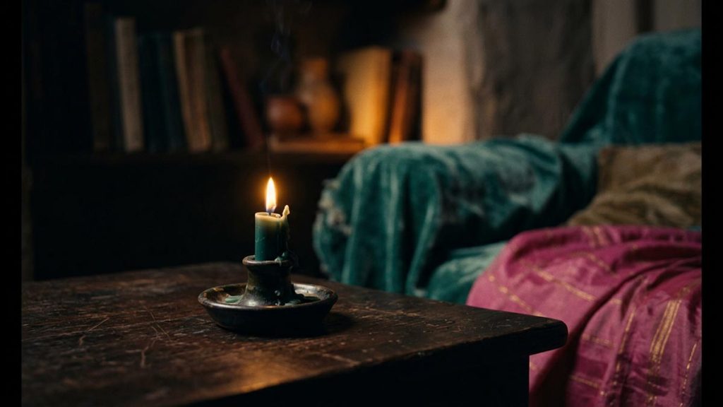 A single candle burning low in a dim, contemplative room, evoking the meaning of Allahu A'lam.