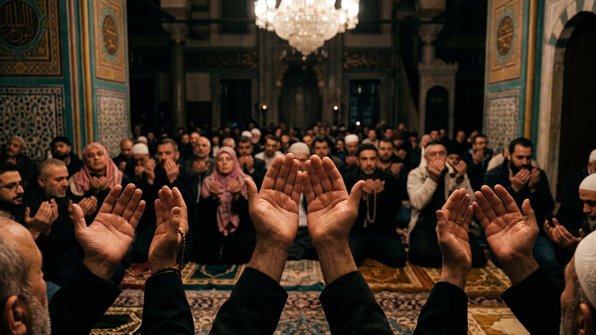Many hands raised together in collective supplication inside a softly lit mosque, illustrating the meaning of Allahumma Ameen.