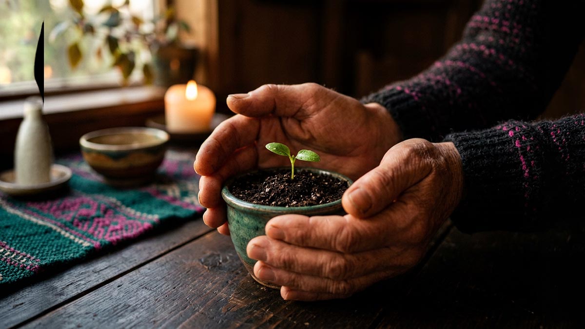 A still life of cupped hands over a small seedling in warm light, symbolising growing blessing, illustrating the meaning of Allahumma Barik.