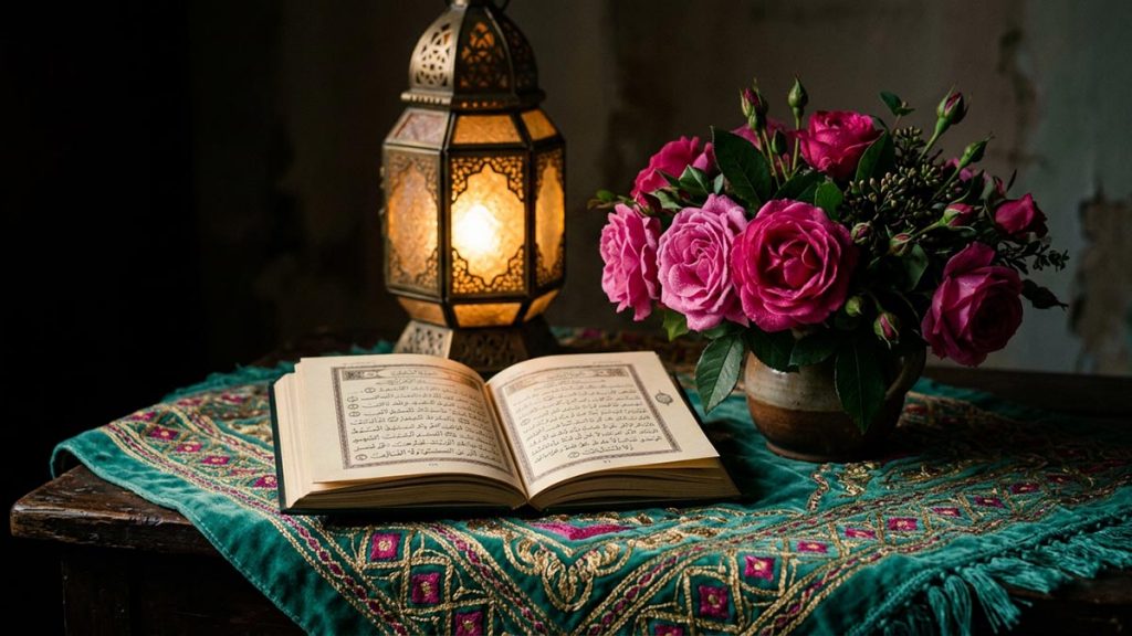 A still life of fresh roses, an open Quran and a glowing lantern on an embroidered cloth, reflecting the meaning of Allahumma Salli Ala Muhammad.