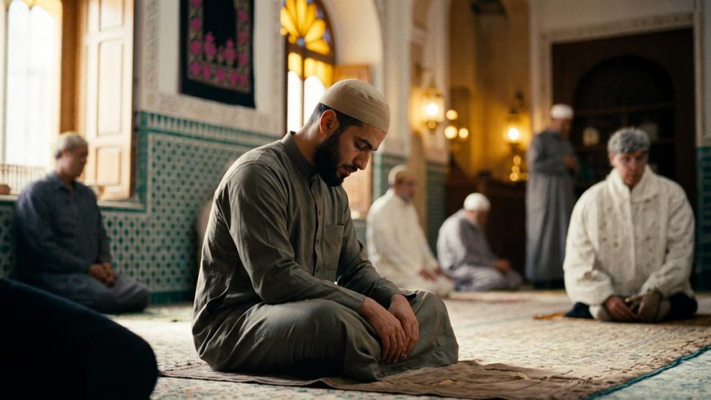 A Muslim man, head bowed and eyes closed in sincere repentance, seated quietly in soft light, illustrating Astaghfirullah.