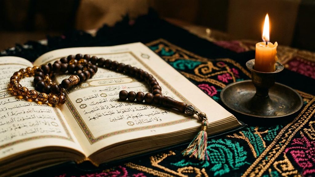 A close-up of prayer beads resting on an open Quran beside a low-burning candle, reflecting the meaning of Astaghfirullah.