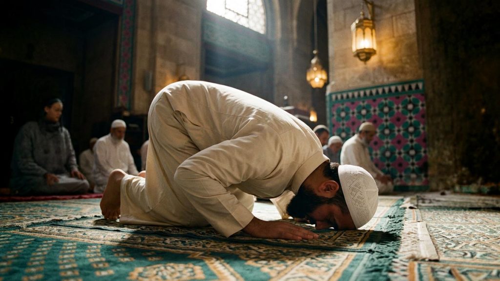 A worshipper in humble prostration on a prayer rug, light falling gently from above, evoking Astaghfirullah.