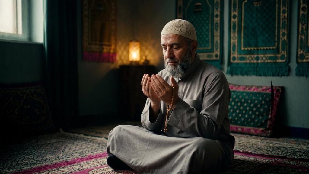 A Muslim making quiet du'a of forgiveness after prayer, hands cupped, in a serene room, a visual for Astaghfirullah.