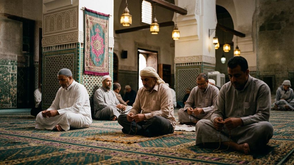 Worshippers seated in humble remembrance after prayer inside a peaceful mosque, capturing the spirit of Astaghfirullah.